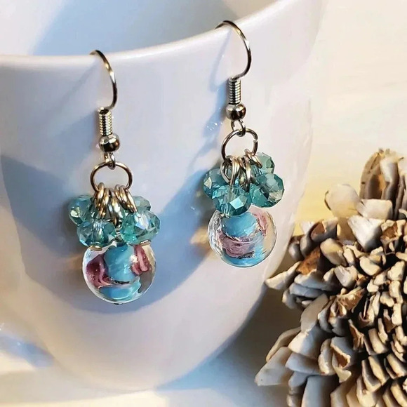 Handcrafted Turquoise Blue Murano Glass Flower Czech Crystal Beads Earrings - Picture 2 of 7